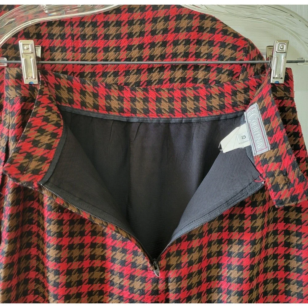 CC Courtenay Skirt Suit Size 10 Red Black Olive Houndstooth Plaid Pockets Bolero